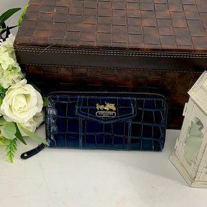 Coach Dark Blue Wallet Credit Card Holder Snake Zip Around Shiny Finish